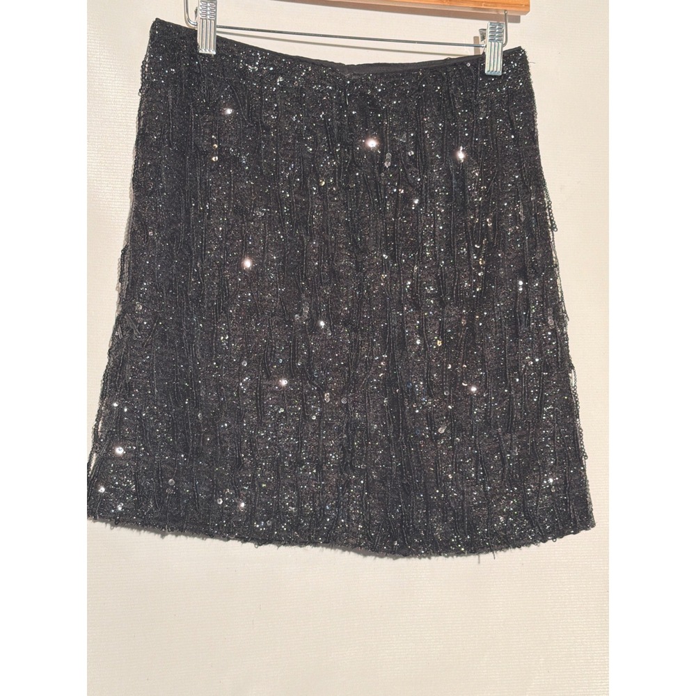 Black Textured Sequin Mini Skirt Metallic Shimmer A-Line Party Size 2 Petite - Picture 2 of 6
